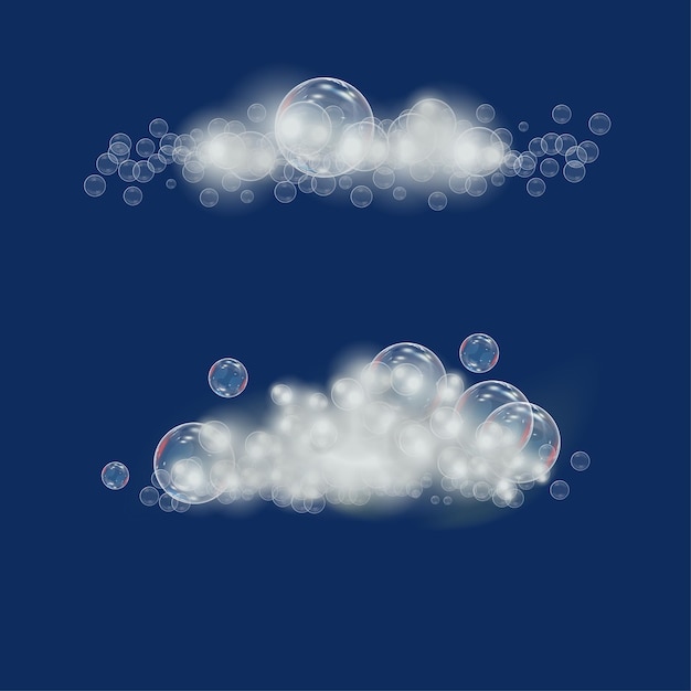 Foam with soap in the form of clouds on a blue background Shampoo and foam vector illustration