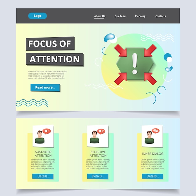 Vector focus of attention flat landing page website template sustained attention selective attention inner