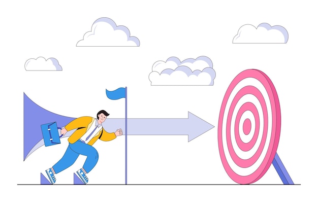 Focus en concentratie voor het starten van een bedrijf begint met een nieuwe baan of bereidt zich voor op illustraties van werkconcepten Zakenman krijgt sprintrun op startpositie met pijl die naar doel en doel gaat