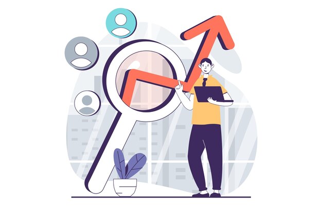 Vector focus group concept with people scene in flat design for web man studying business data growth market trends and target audience vector illustration for social media banner marketing material