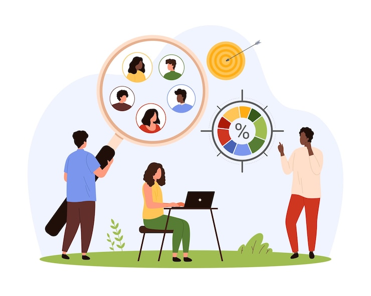 Vector focus group research analysis of audience segments and consumer behavior by tiny people