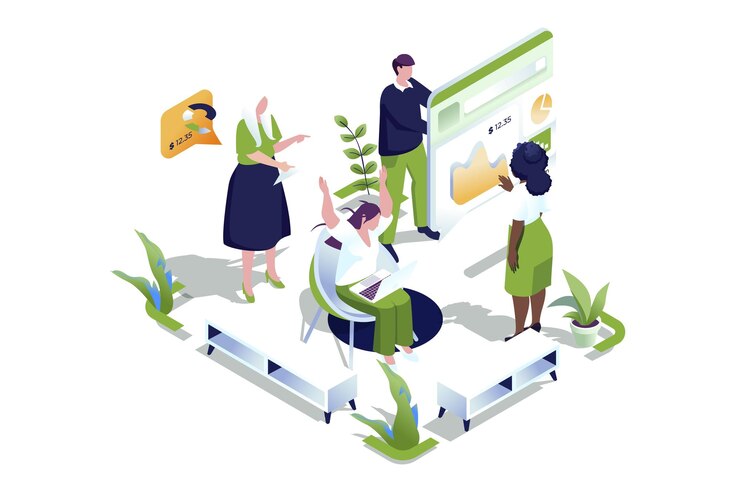 Vector focus group web concept in 3d isometric design people doing consumer research analyze data at market working with customers feedback meeting and brainstorming in office vector web illustration