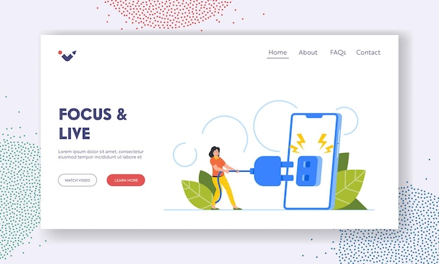 フォーカスとライブ ランディング ページ テンプレート 小さな女性が巨大な電話を切る テクノロジーを脇に置く ベクトル図