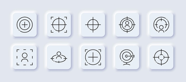 Focus Neomorphic Line Icons Set Concentration Mindfulness 카메라 스마트폰 비디오 렌즈 스크린 눈 모니터 시계 참조 기술 개념 Vector Neomorphic Black Line Icons Set