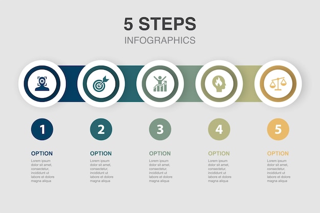 Focus obiettivo motivazione passione integrità icone modello di progettazione infografica concetto creativo con 5 passaggi