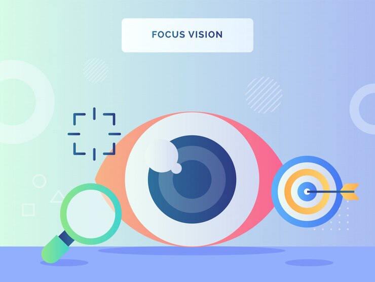 Vector focus visie concept retina oog nabijgelegen lupe pijl geschoten op doel met vlakke stijl