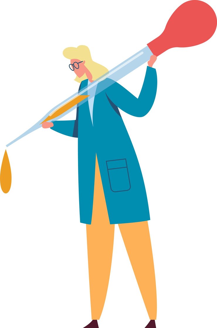 Vector focused female scientist in a lab coat drops orange liquid into a beaker with a giant pipette in a laboratory surrounded by scientific equipment conveying discovery and innovation in chemistry