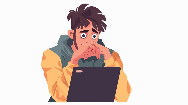 Vector 피곤 한 사람 이 기다리는 동안 디지털 태블릿 화면 을 바라보는 집중적 인 사람