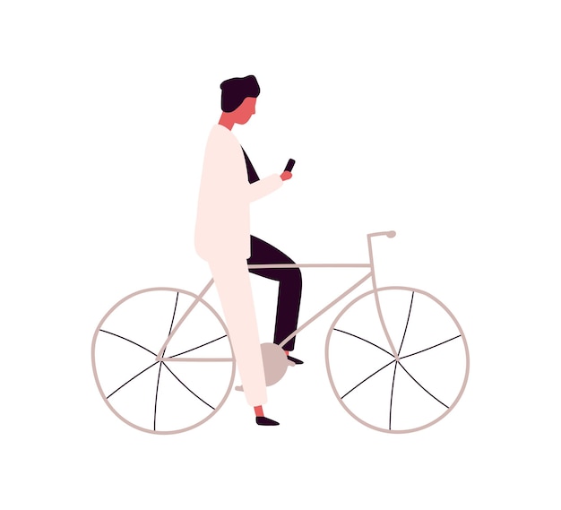 Focused man using smartphone sitting on bicycle vector flat illustration. busy male in black and white suit holding mobile riding on bike isolated on white. active person ride on pedal transport.