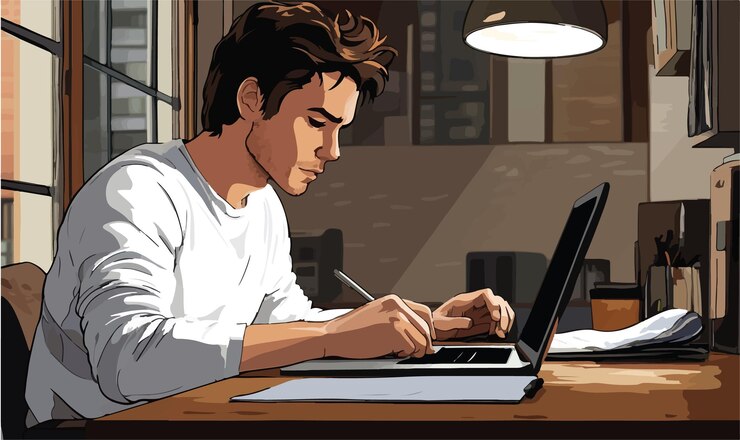 Vector focused professional working on laptop in modern workspace