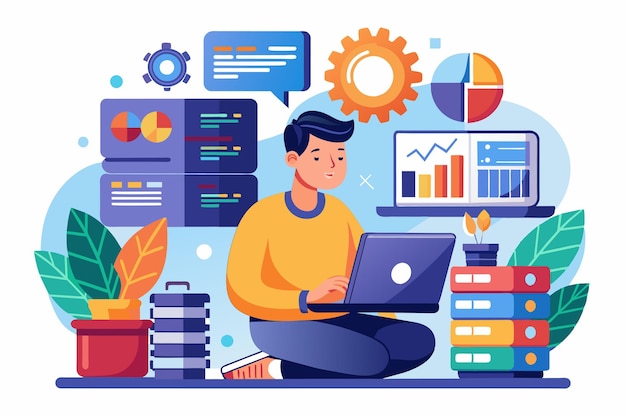 a focused programmer maintains big data systems and analyzes databases on his laptop in a modern office programmer maintenance big data database management