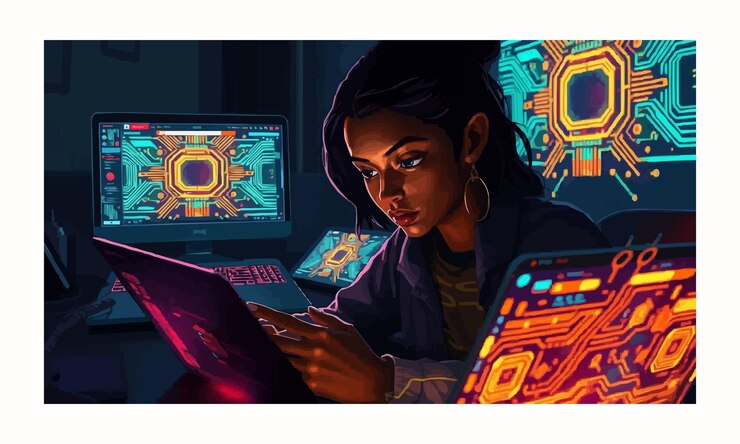 Vector focused woman working on a glowing red laptop