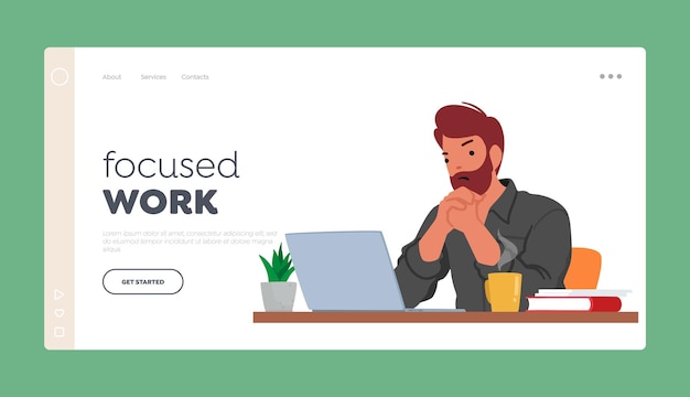 Focused Work Landing Page Template Frustrated Man Character Staring At Laptop Screen With A Displeased Expression