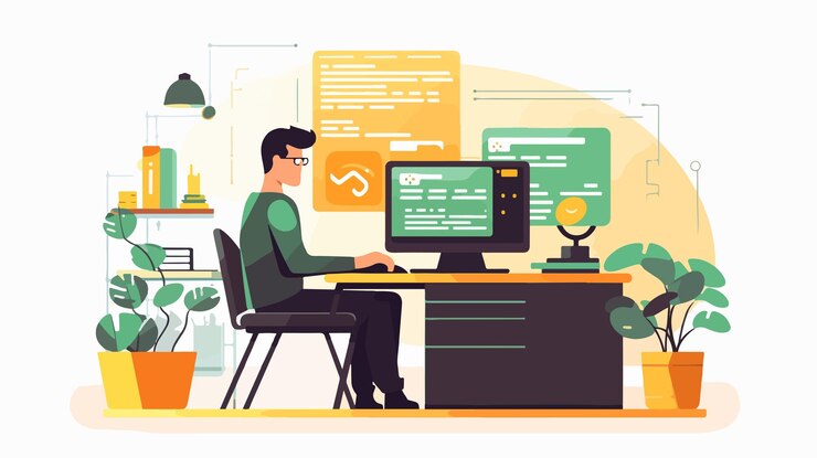 Vector focused young male programmer coding on computer