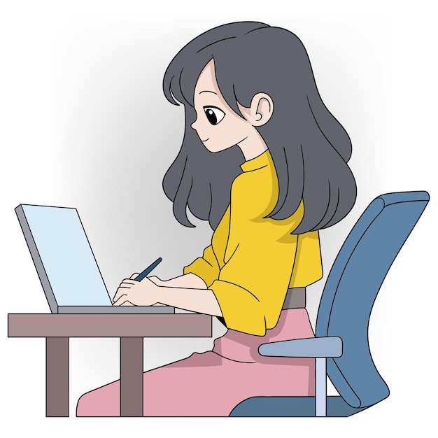 スタイラス ペン を 持っ て 机 に 座っ て ラップトップ を 使っ て 働く 集中 し た 若い 女性
