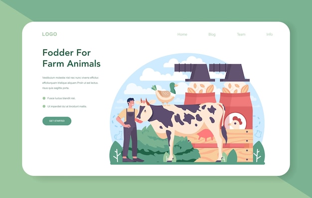 ベクトル 飼料業界のwebバナーまたはランディングページ。ペット生産のための食糧
