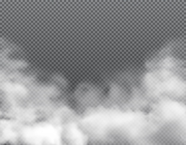 Туман или облака, дым токсичный дымящийся пар с смогом пыли, реалистичный векторный фон. Облака белого смога или пыльный взрыв газа и пара дымного пороха и брызги токсичного воздуха