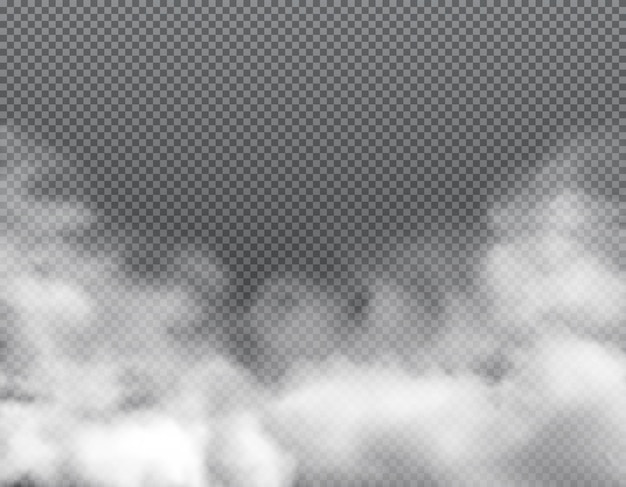 Fog or clouds, smoke toxic steaming vapour with dust smog, realistic vector background. Clouds of white smog, or dusty explosion of gas and vapor of smoky powder and toxic air splash