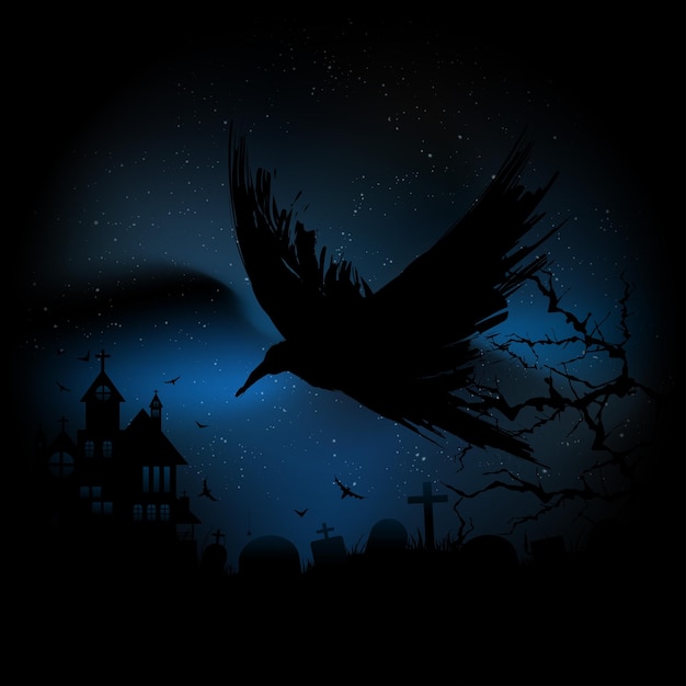 fog over the graveyard and raven