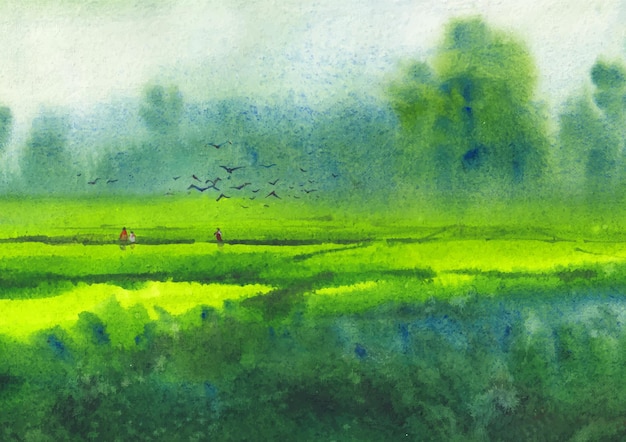 Foggy morning in the field watercolor landscape