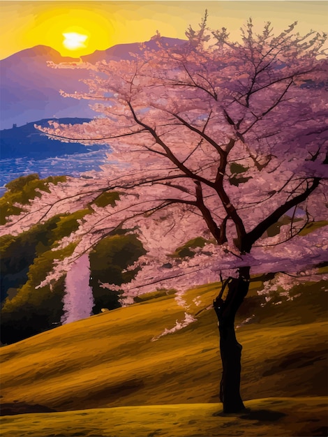 Foggy morning landscape with sky branches blooming pink cherry trees against the backdrop of