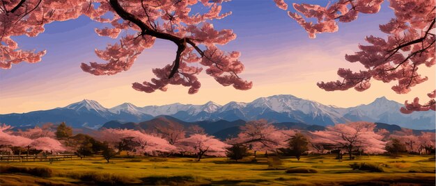 ベクトル 空の枝にピンクの桜が咲く、霧の多い朝の風景を背景に