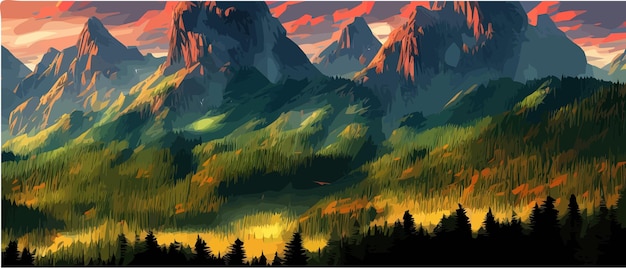 Vector foggy mountains with coniferous forest vector illustration smokey rocky panorama with mountain