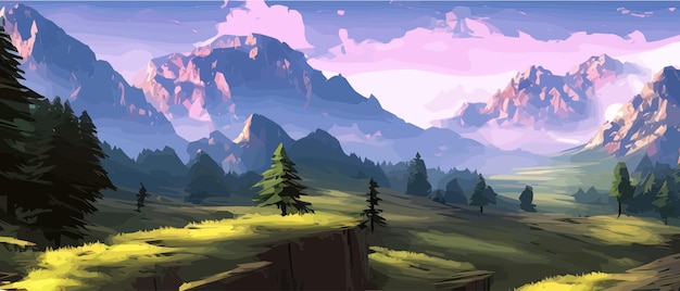 霧の山と針葉林のベクトルイラスト 煙の岩のパノラマと山
