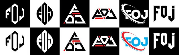 ベクトル 6 つのスタイルの foj 文字ロゴ デザイン foj 多角形、円、三角形、六角形のフラットでシンプルなスタイル、黒と白のカラー バリエーションの文字ロゴが 1 つのアートボードに設定 foj ミニマリストとクラシックなロゴ