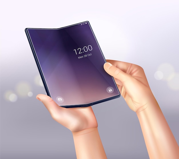 Foldable smartphone realistic composition with gradient background flare spots and folding touchscreen phone in human hands