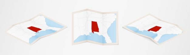 Mappa piegata dell'alabama in tre diverse versioni.