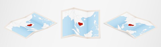 Mappa piegata della cambogia in tre diverse versioni.