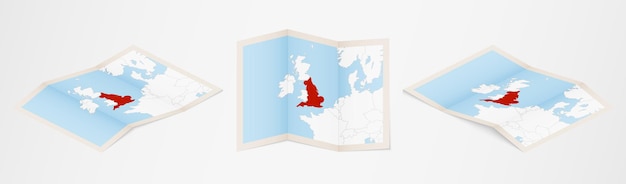 Folded map of England in three different versions.