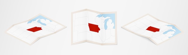 Folded map of Iowa in three different versions.