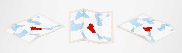 Vettore mappa piegata dell'iraq in tre diverse versioni.