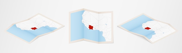 Folded map of Ivory Coast in three different versions.