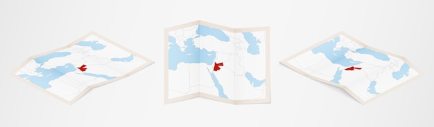 3つの異なるバージョンのヨルダンの折り畳まれた地図。