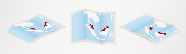 Vettore mappa piegata della malesia in tre diverse versioni.