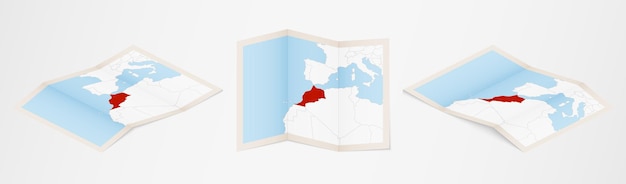 Vettore mappa piegata del marocco in tre diverse versioni.