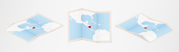 Folded map of Nicaragua in three different versions.