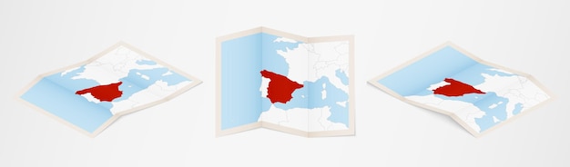 3つの異なるバージョンのスペインの折り畳まれた地図。