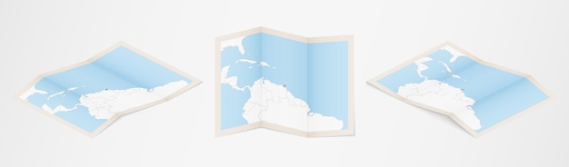 Folded map of Trinidad and Tobago in three different versions.