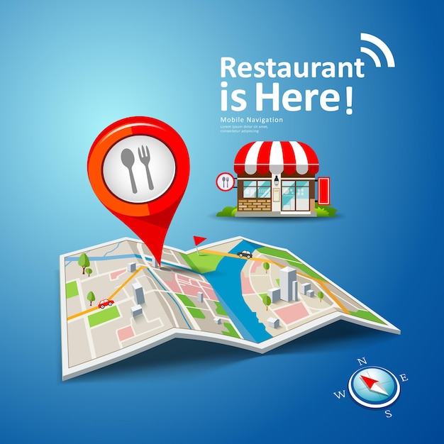 Folded maps  with red color point markers, restaurant is here design background, illustration