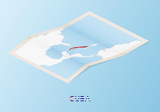 Folded paper map of Cuba with neighboring countries in isometric style.