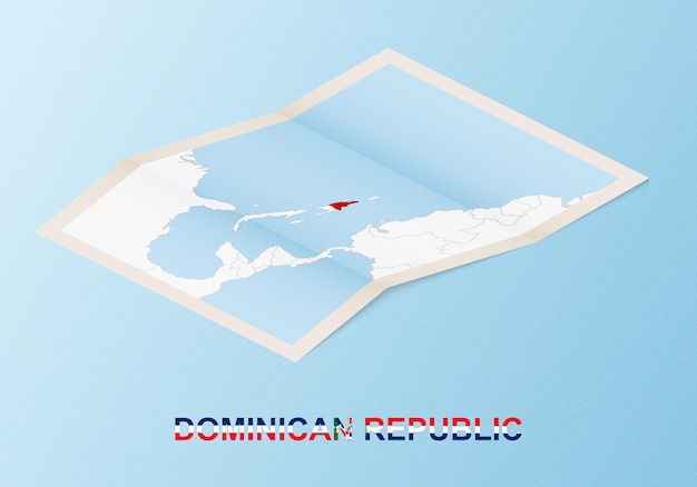 Folded paper map of dominican republic with neighboring countries in isometric style.