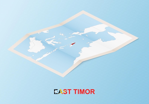 Folded paper map of East Timor with neighboring countries in isometric style.