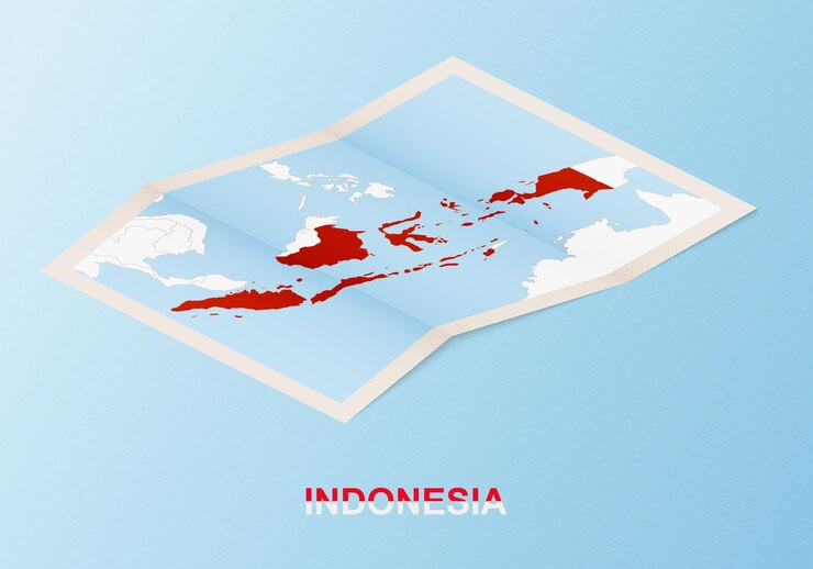 Vector folded paper map of indonesia with neighboring countries in isometric style.