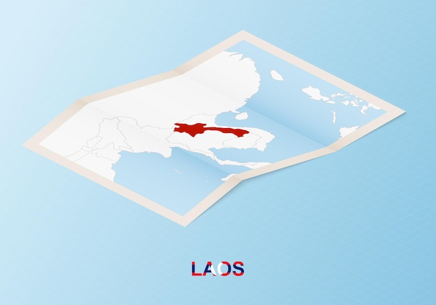 Folded paper map of laos with neighboring countries in isometric style