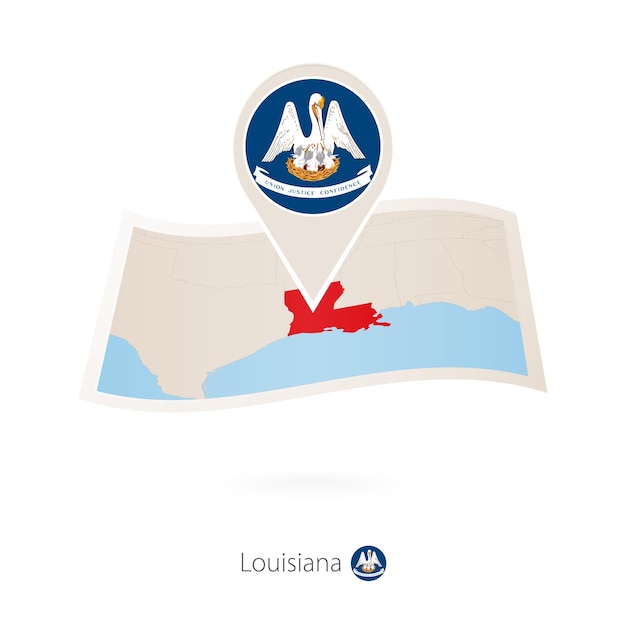 Folded paper map of Louisiana US State with flag pin of Louisiana