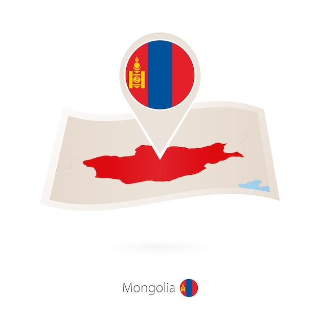 Folded paper map of Mongolia with flag pin of Mongolia